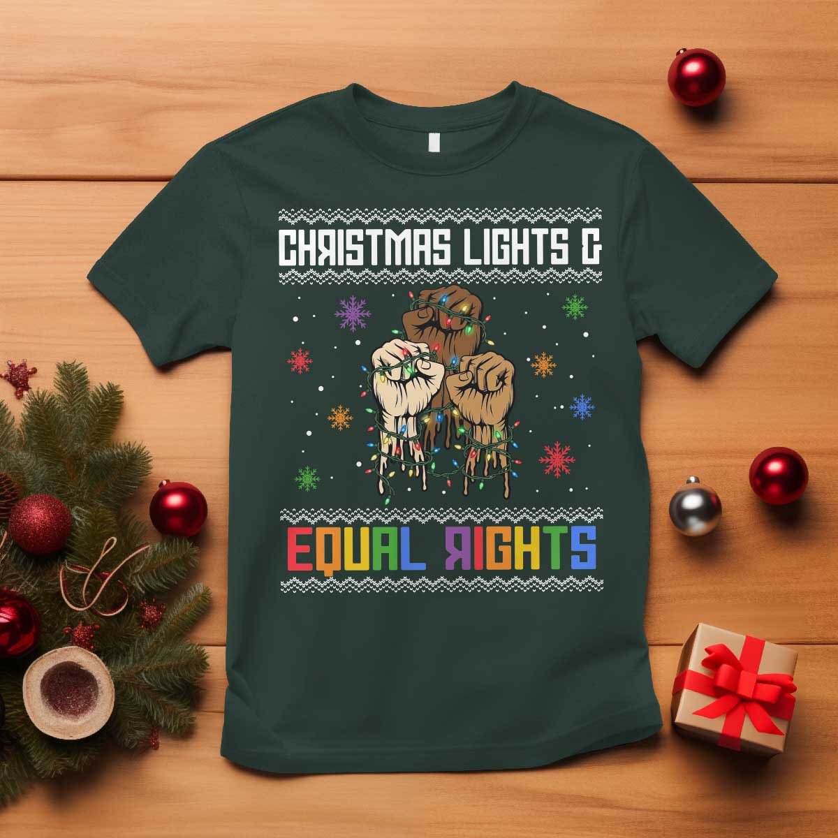 Christmas Lights And Equal Rights Ugly Sweater T Shirt Xmas Activism Gift TS12 Dark Forest Green Print Your Wear