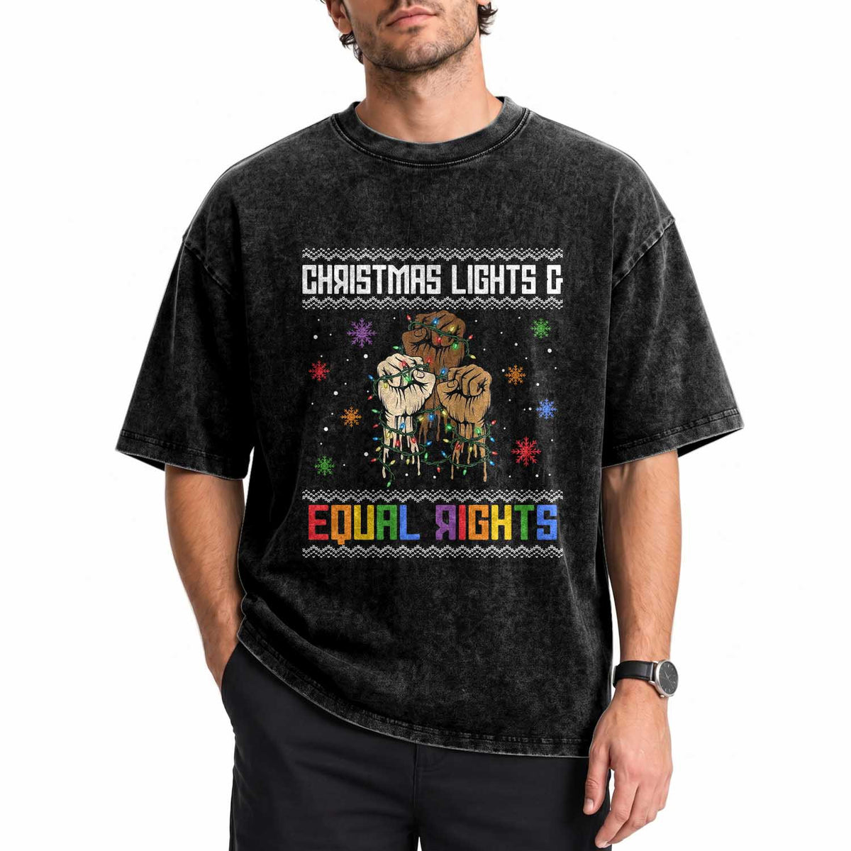 Christmas Lights And Equal Rights Ugly Sweater Washed Cotton T-Shirt Xmas Activism Gift