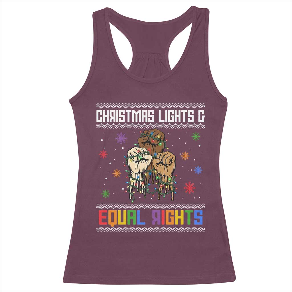 Christmas Lights And Equal Rights Ugly Sweater Racerback Tank Top Xmas Activism Gift TS12 Maroon Print Your Wear