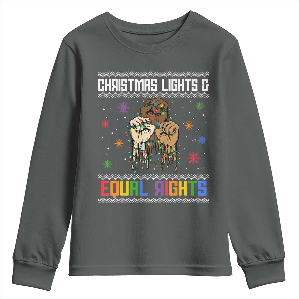 Christmas Lights And Equal Rights Ugly Sweater Youth Sweatshirt Xmas Activism Gift TS12 Dark Heather Print Your Wear