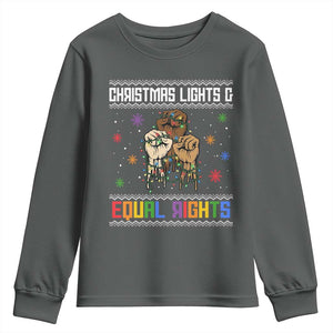 Christmas Lights And Equal Rights Ugly Sweater Youth Sweatshirt Xmas Activism Gift TS12 Dark Heather Print Your Wear