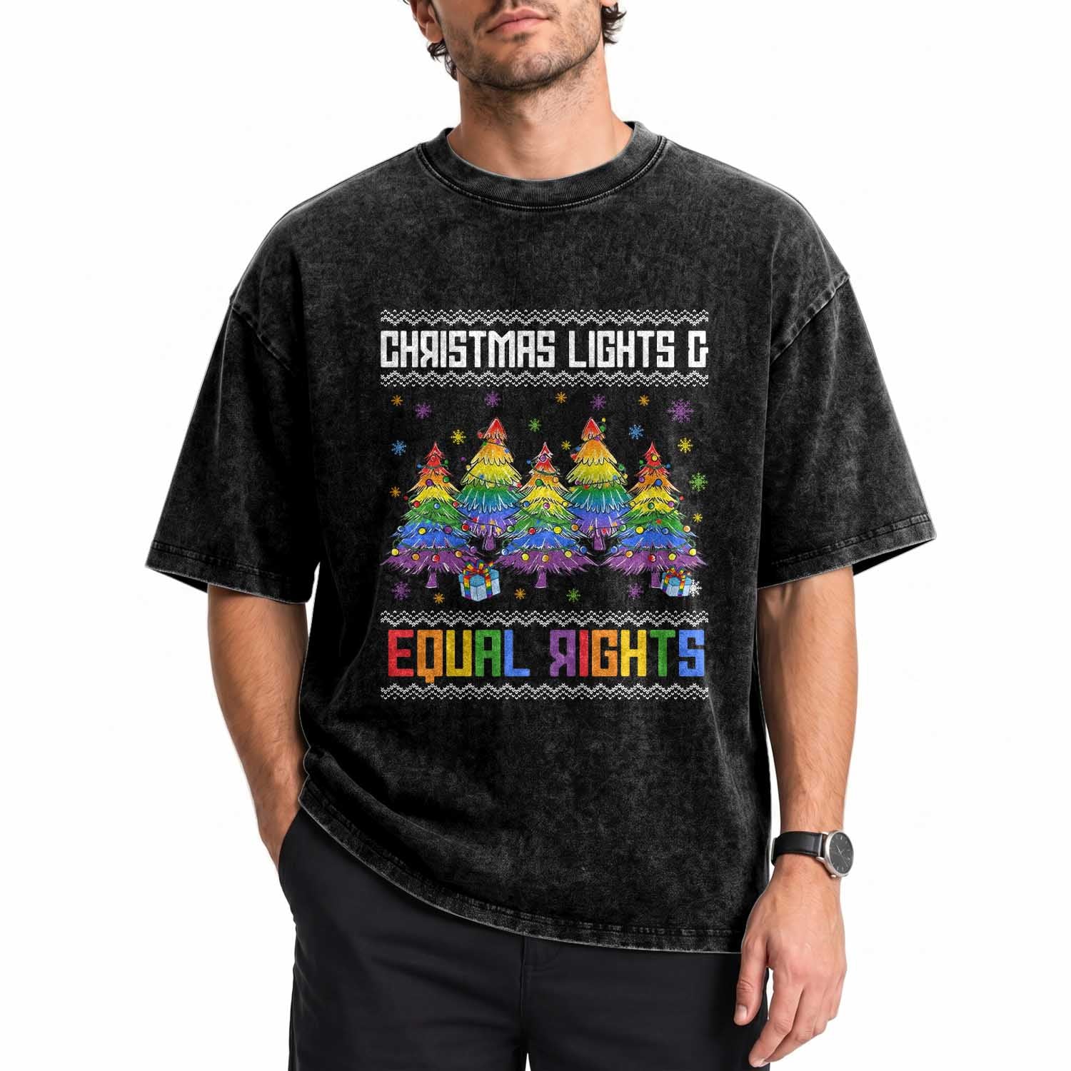 Christmas Equality Lights Ugly Sweater Washed Cotton T-Shirt Xmas Activism Gift