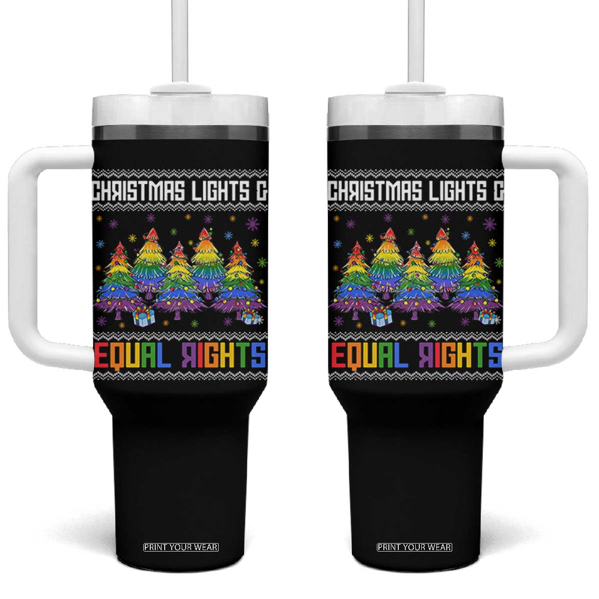 Christmas Equality Lights Ugly Sweater Tumbler With Handle Xmas Activism Gift TS12 One Size: 40 oz Black Print Your Wear