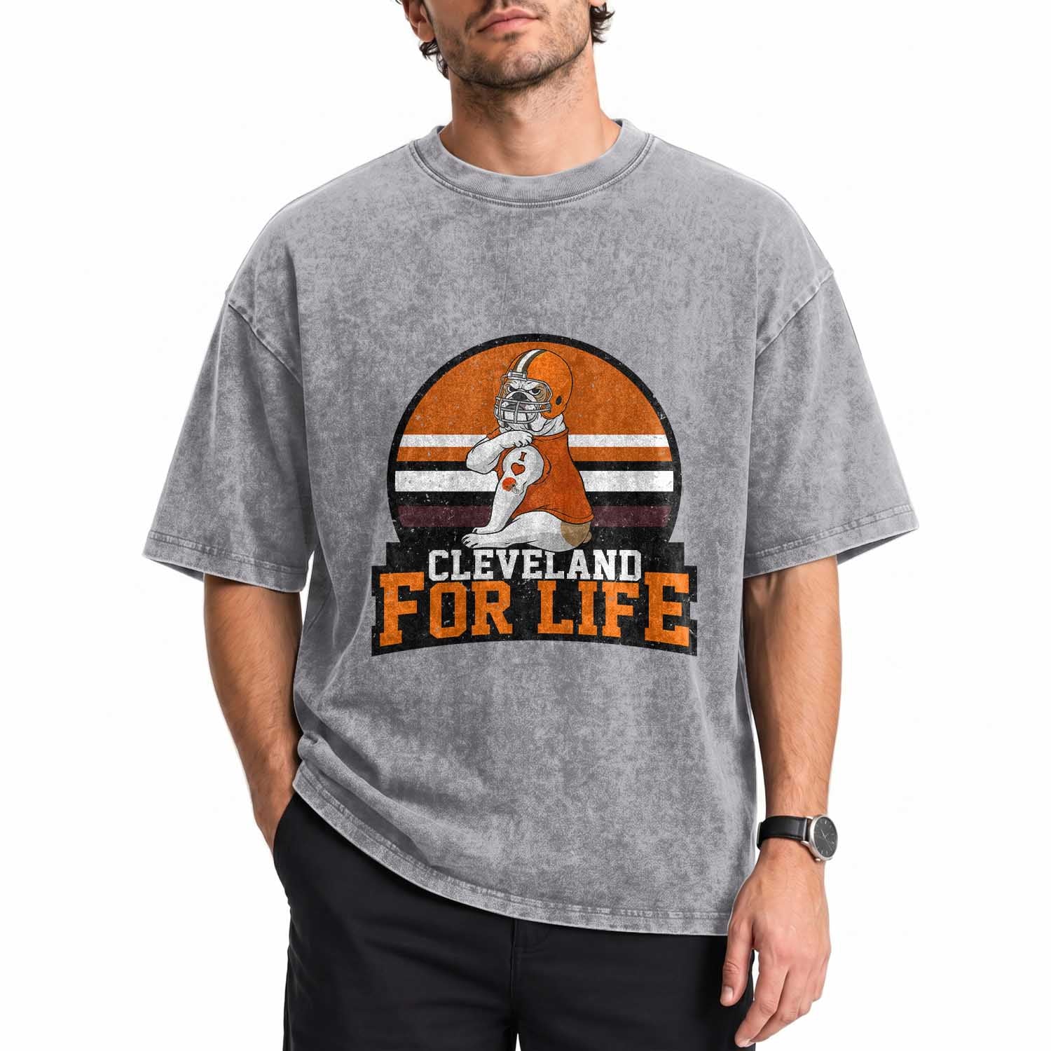 Funny Bulldog Game Day Washed Cotton T-Shirt Cleveland For Life