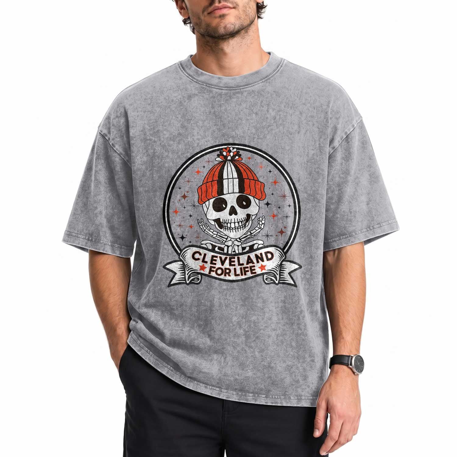 Funny Skeleton Dark Football Lover Washed Cotton T-Shirt Cleveland For Life
