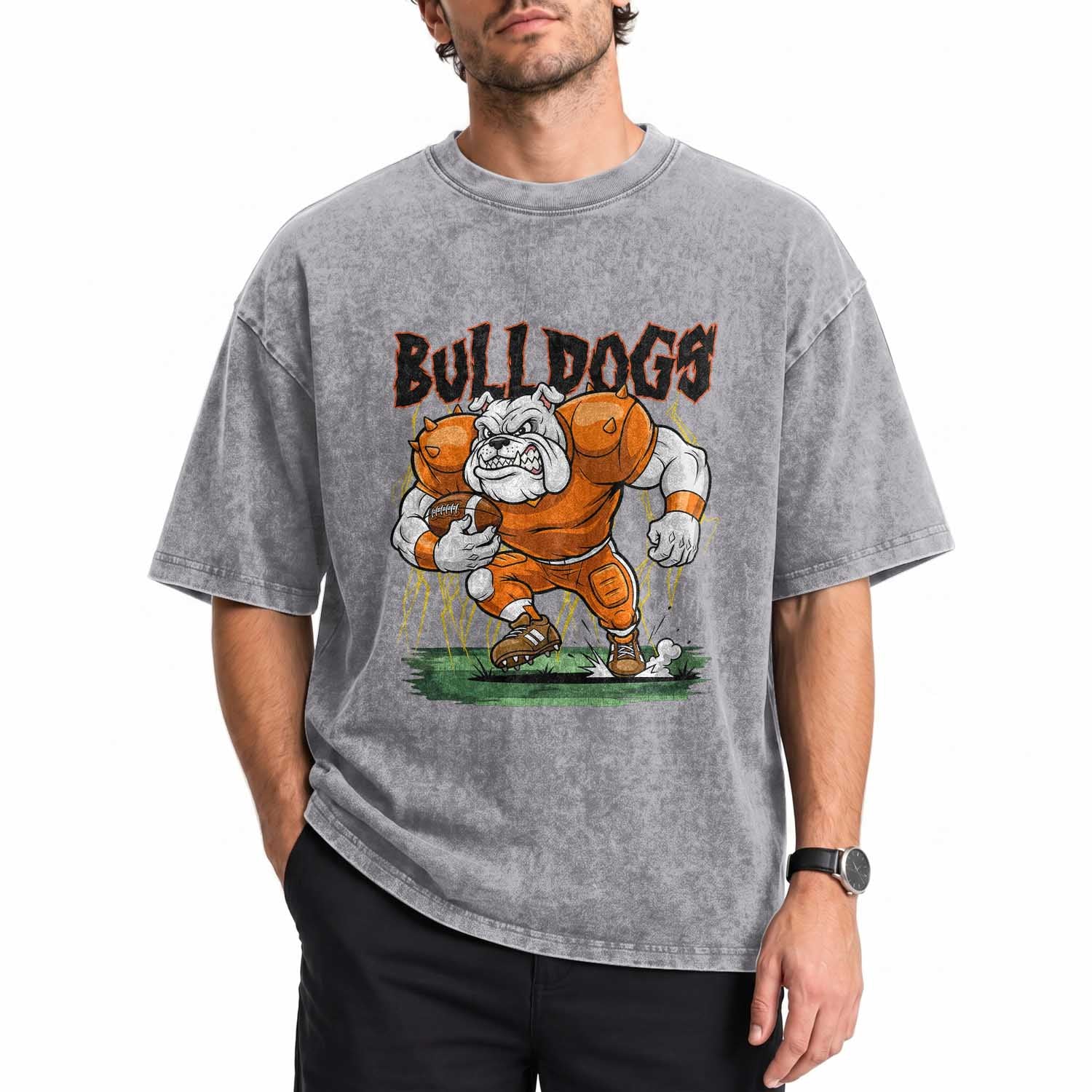 Funny Bulldog Playing Football Washed Cotton T-Shirt Game Day Dog Lover