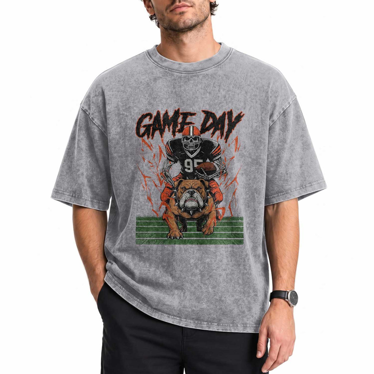 Funny Skeleton Playing Football Washed Cotton T-Shirt Game Day Gift