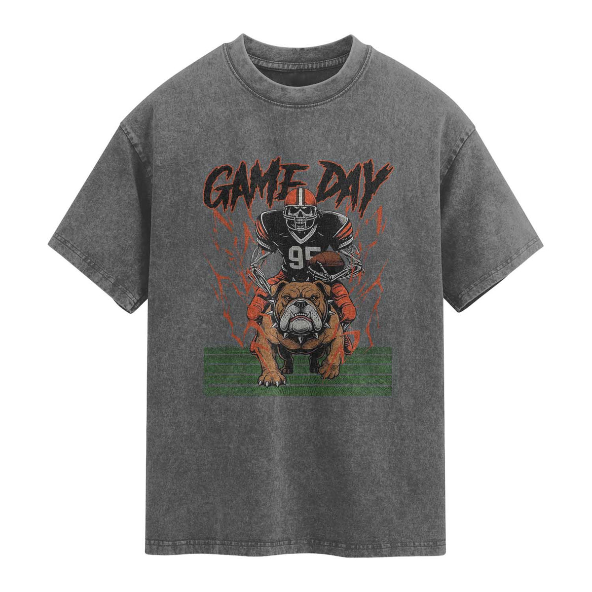 Funny Skeleton Playing Football Washed Cotton T-Shirt Game Day Gift