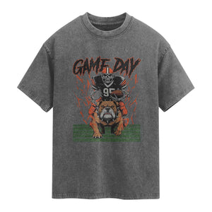 Funny Skeleton Playing Football Washed Cotton T-Shirt Game Day Gift