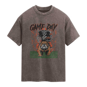 Funny Skeleton Playing Football Washed Cotton T-Shirt Game Day Gift