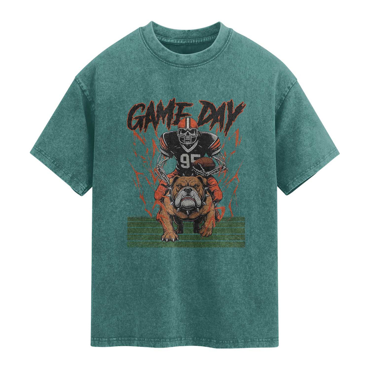 Funny Skeleton Playing Football Washed Cotton T-Shirt Game Day Gift