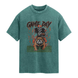 Funny Skeleton Playing Football Washed Cotton T-Shirt Game Day Gift