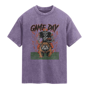 Funny Skeleton Playing Football Washed Cotton T-Shirt Game Day Gift