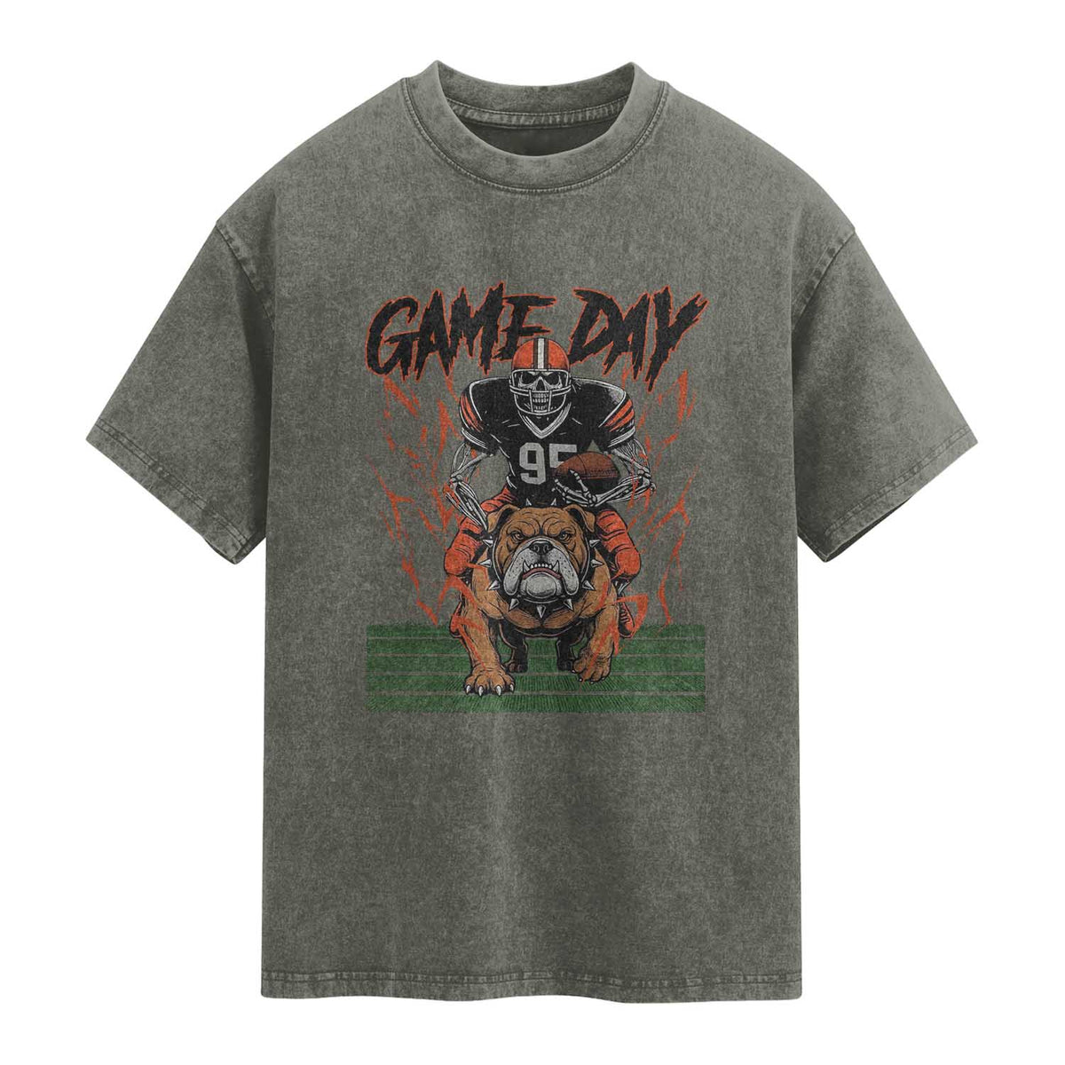 Funny Skeleton Playing Football Washed Cotton T-Shirt Game Day Gift