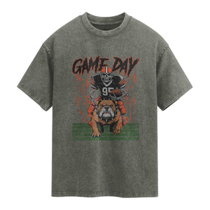 Funny Skeleton Playing Football Washed Cotton T-Shirt Game Day Gift