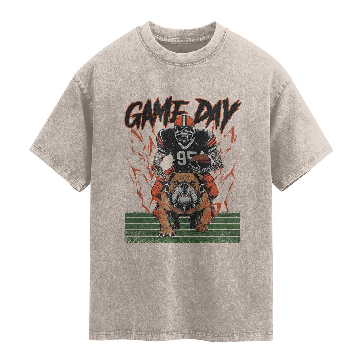 Funny Skeleton Playing Football Washed Cotton T-Shirt Game Day Gift
