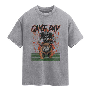 Funny Skeleton Playing Football Washed Cotton T-Shirt Game Day Gift