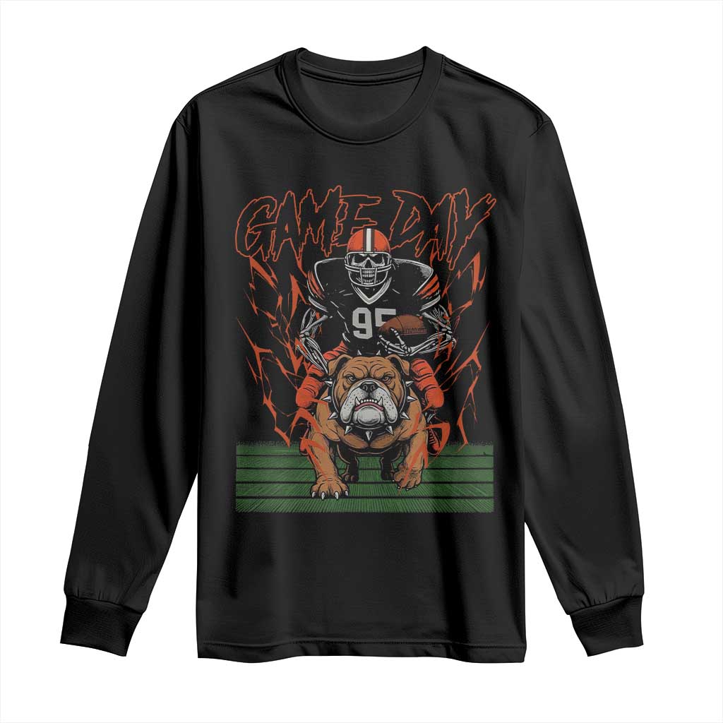 Funny Skeleton Playing Football Long Sleeve Shirt Game Day Gift TS12 Black Print Your Wear