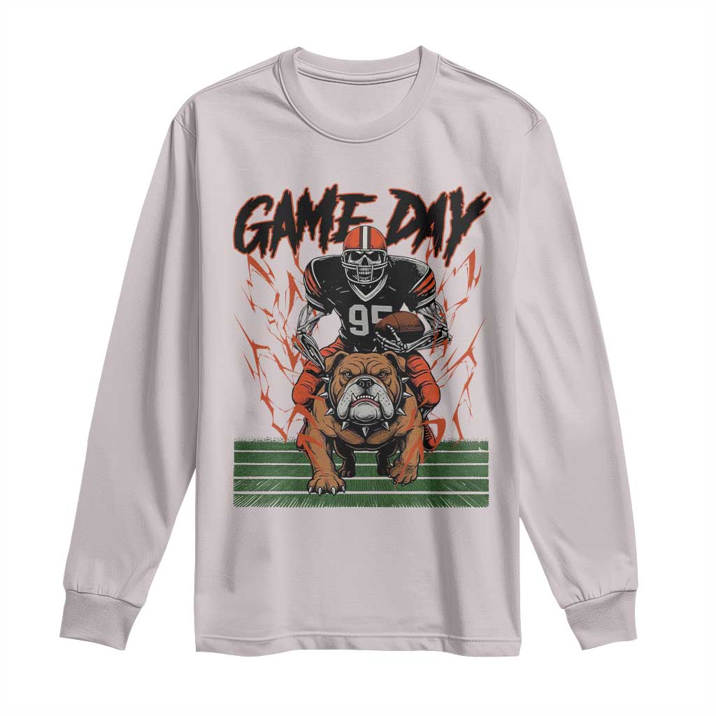 Funny Skeleton Playing Football Long Sleeve Shirt Game Day Gift TS12 Ice Gray Print Your Wear