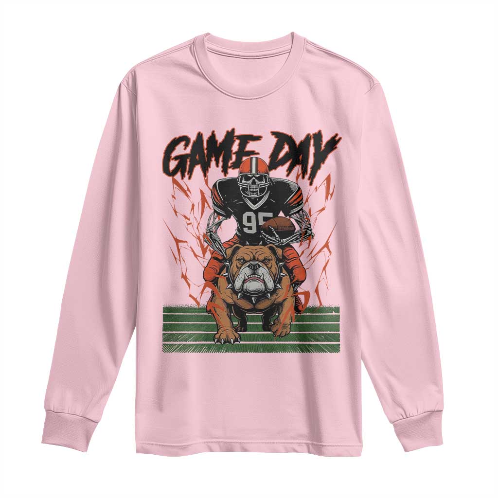Funny Skeleton Playing Football Long Sleeve Shirt Game Day Gift TS12 Light Pink Print Your Wear