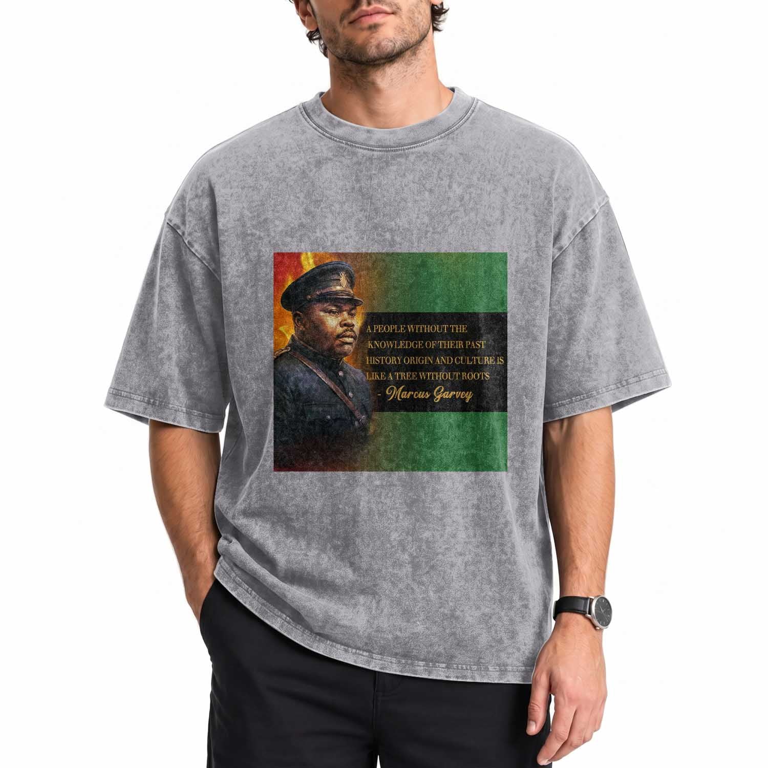 Marcus Garvey Pan African Flag Washed Cotton T-Shirt A People Without Knowledge Of Their Past Quote