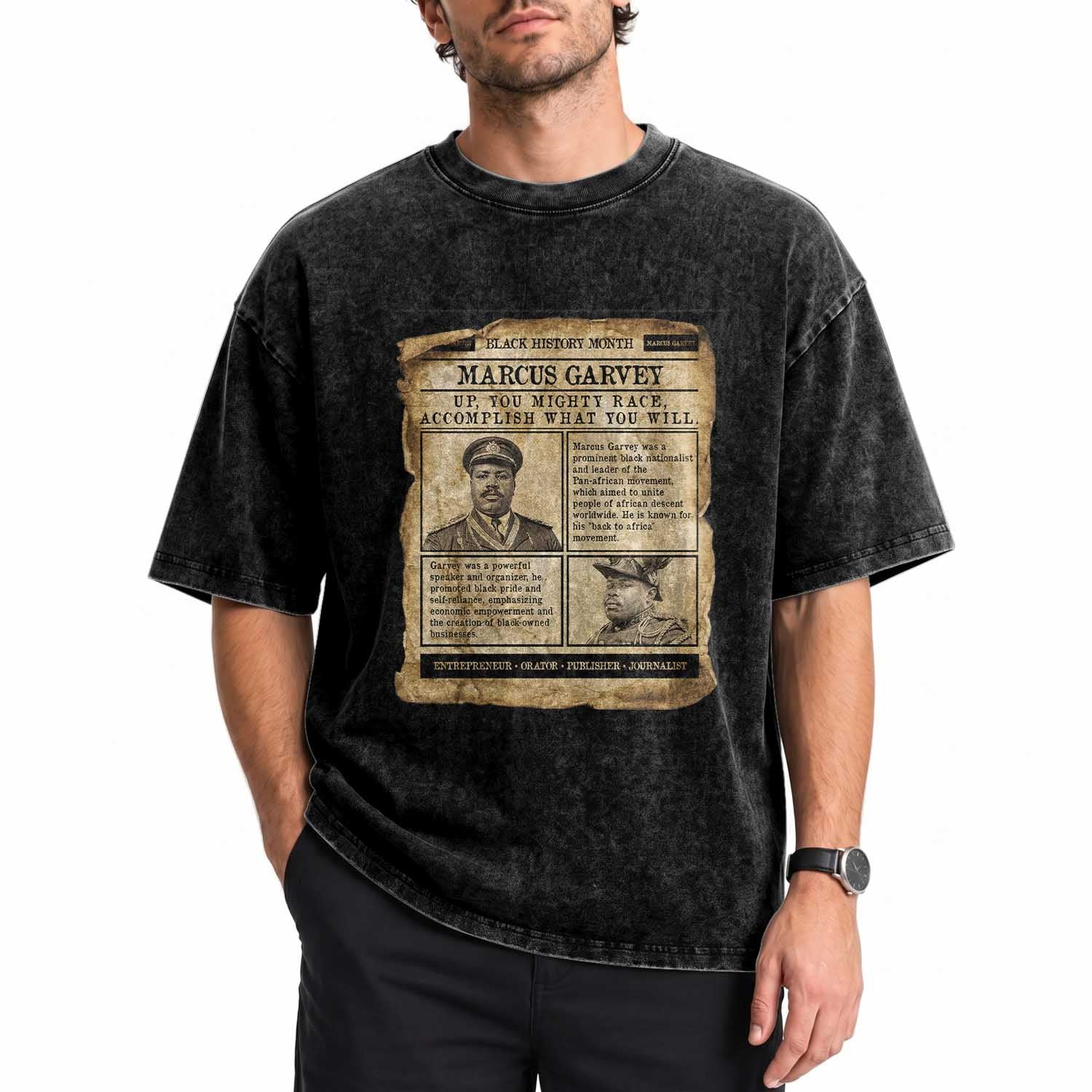 Vintage Newspaper Marcus Garvey Washed Cotton T-Shirt Up You Mighty Race Quote