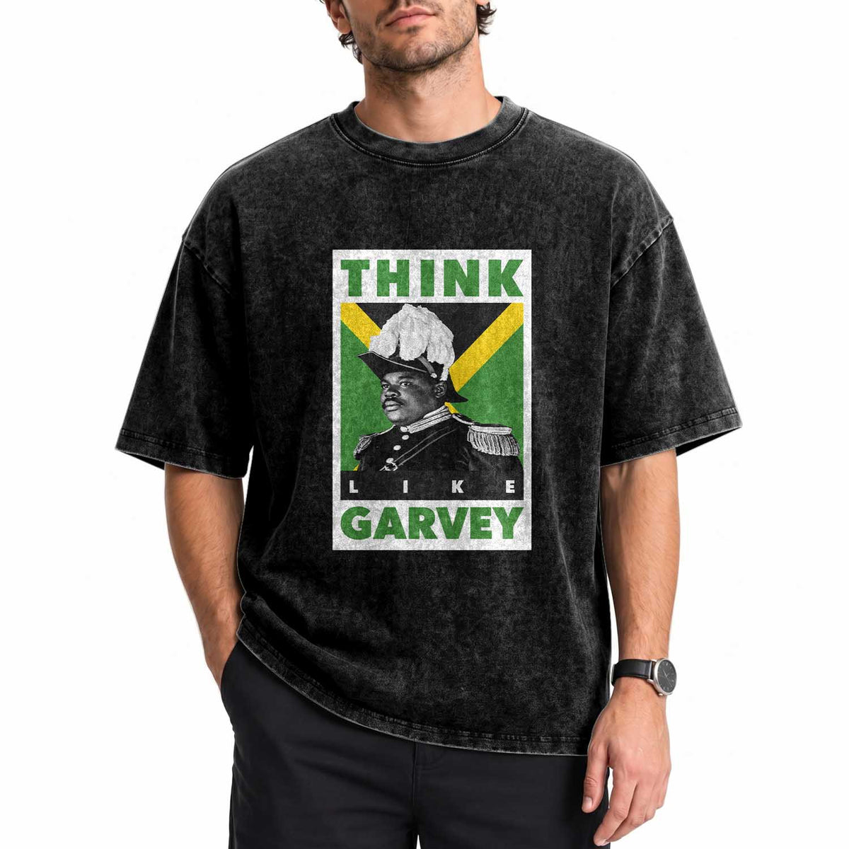 Pan Africanism Think Like Garvey Washed Cotton T-Shirt Marcus Garvey Jamaica Flag
