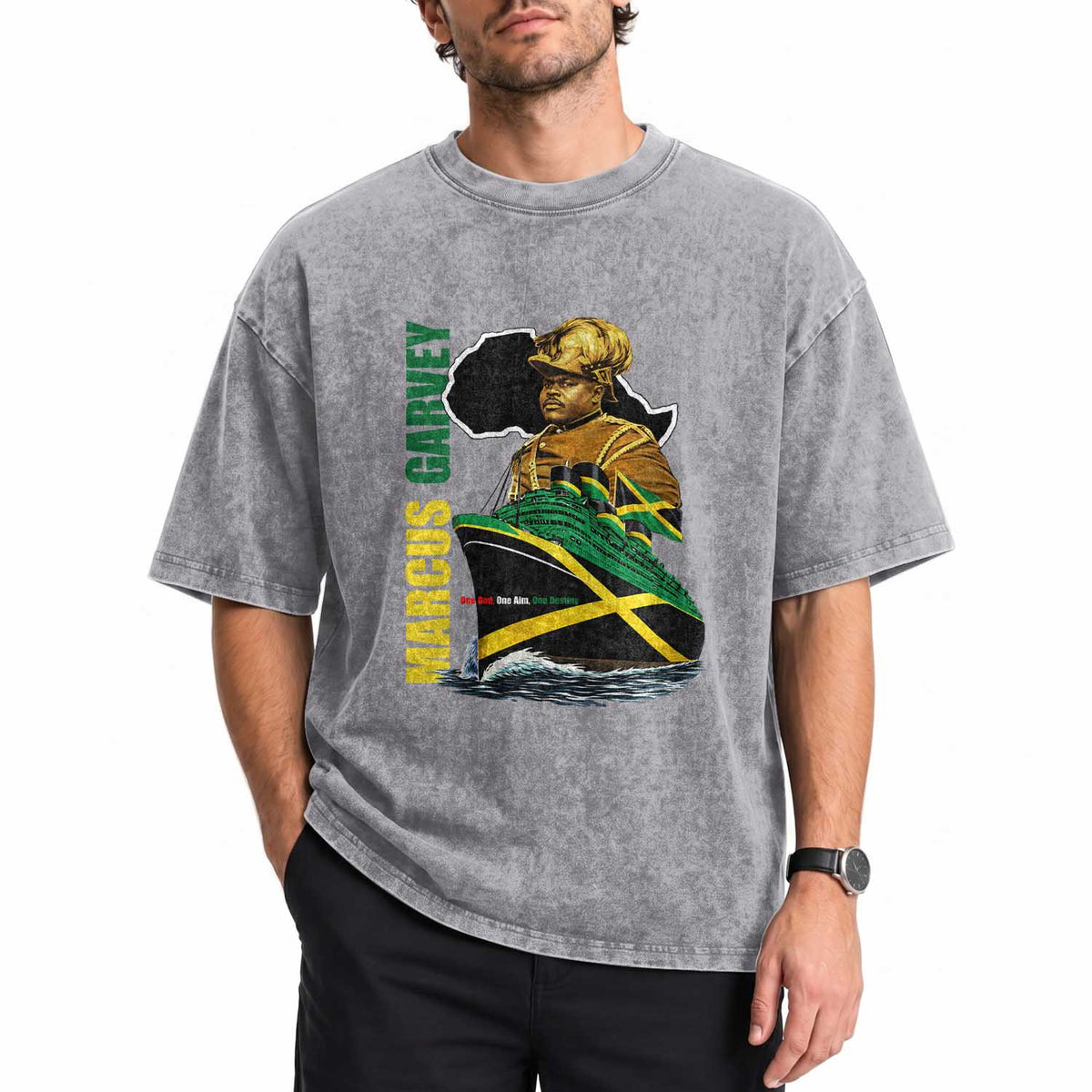 Marcus Garvey Jamaica Pride Washed Cotton T-Shirt One God One Aim One Destiny