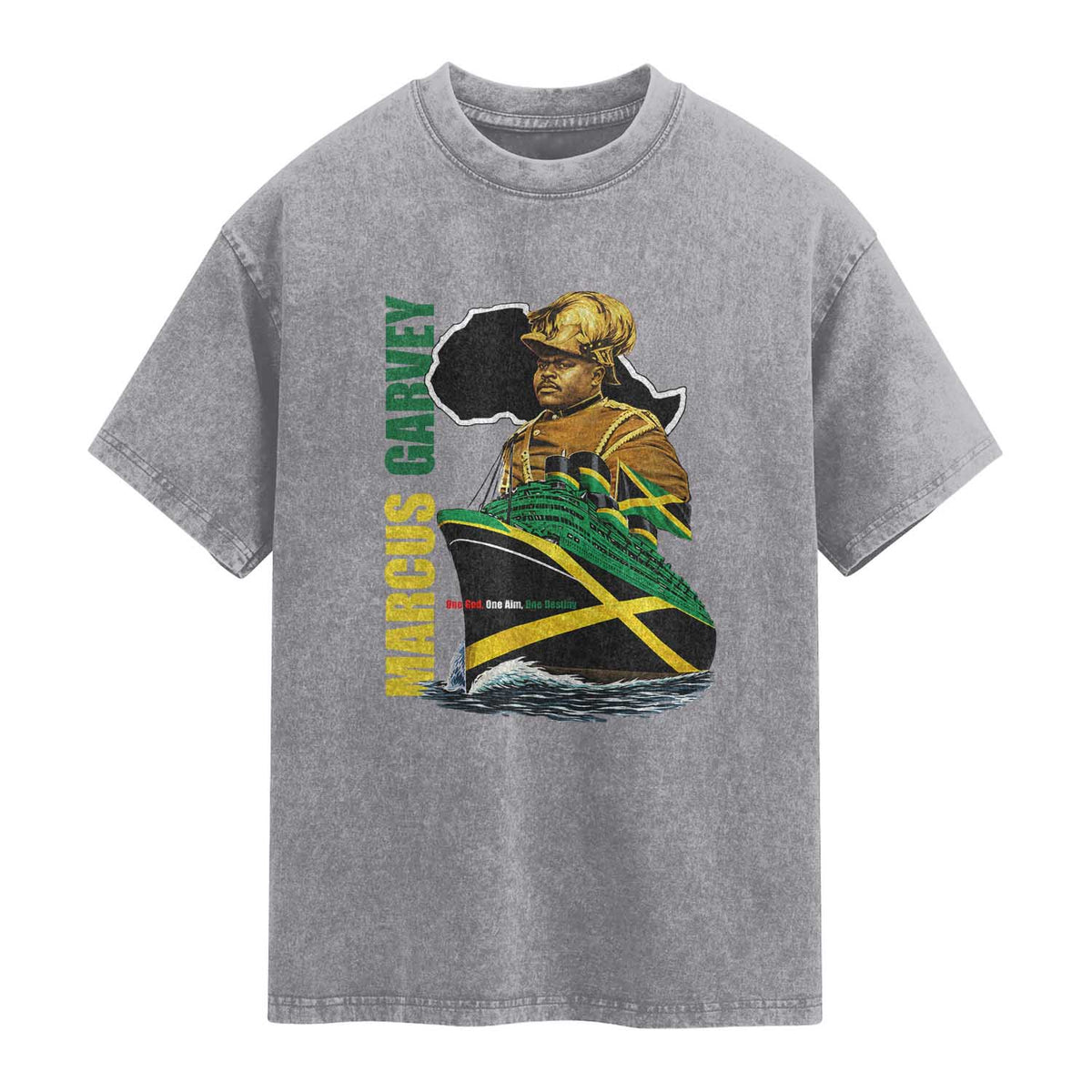Marcus Garvey Jamaica Pride Washed Cotton T-Shirt One God One Aim One Destiny