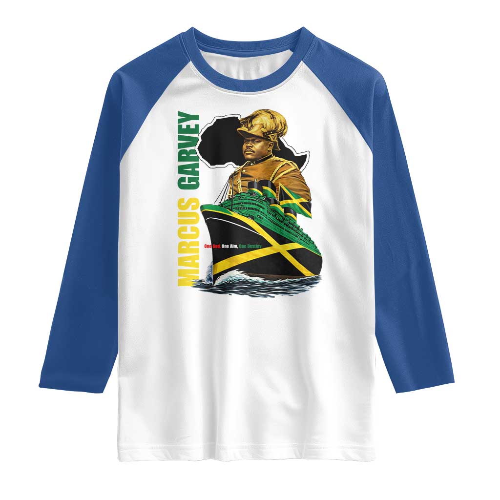 Marcus Garvey Jamaica Pride Raglan Shirt One God One Aim One Destiny TS12 White Royal Print Your Wear