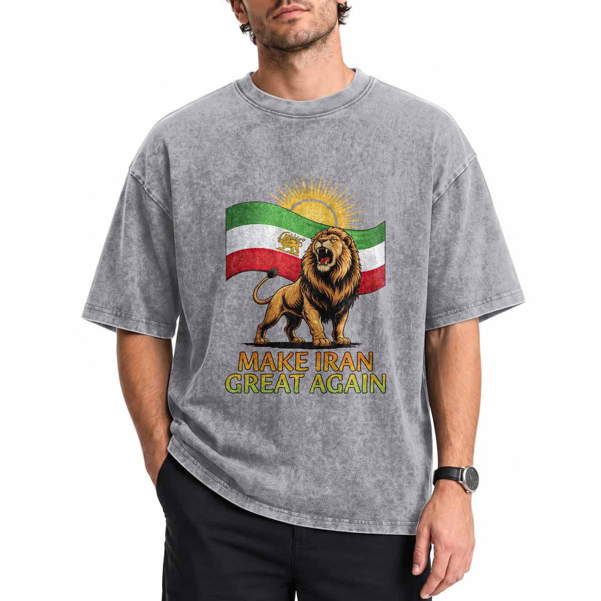 Patriotic Iranian Pride Gift Washed Cotton T-Shirt Make Iran Great Again