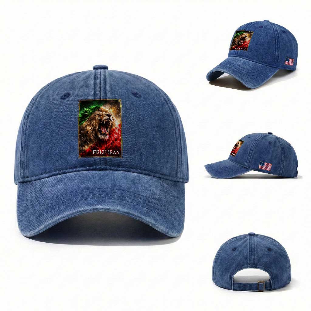 Free Iran Lion Washed Cotton Baseball Cap Freedom Resistance Solidarity Movement Gift TS12 Washed Cap Universal Fit Royal Blue Print Your Wear