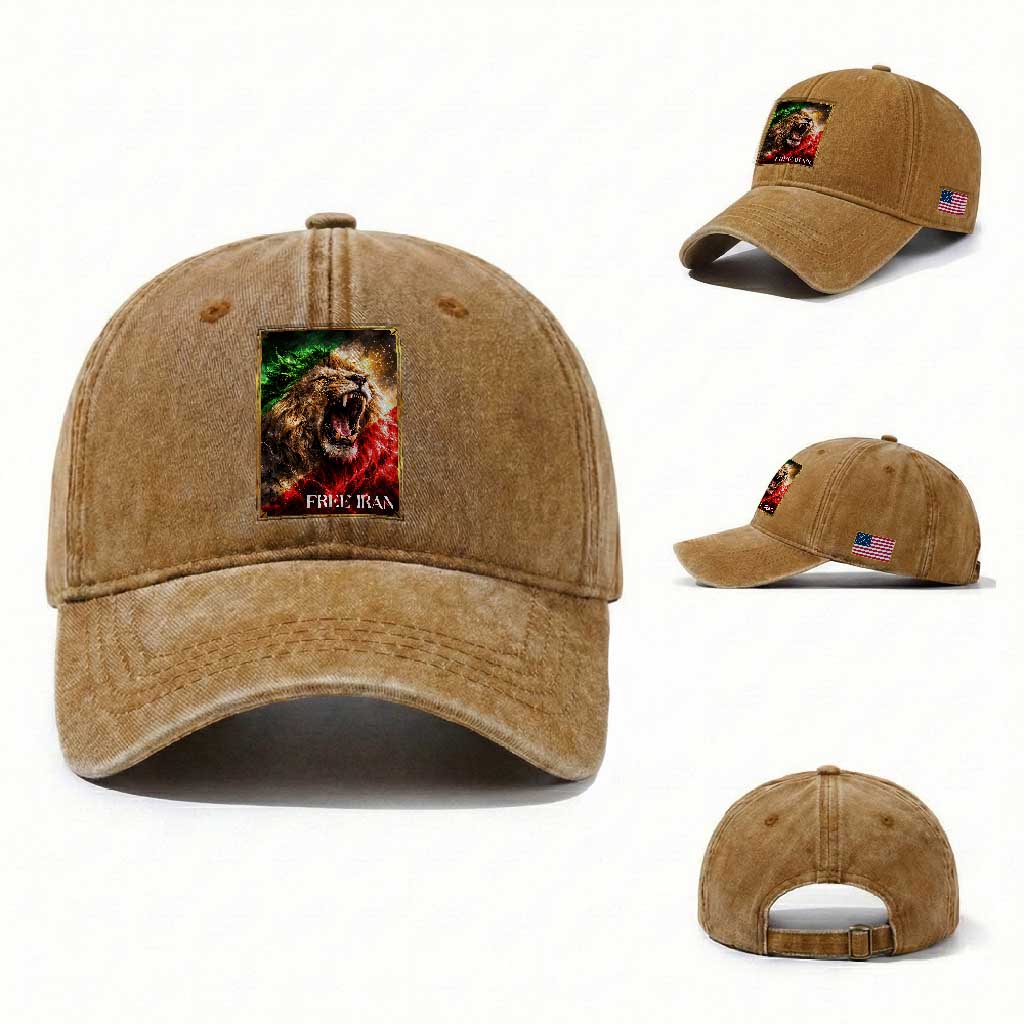 Free Iran Lion Washed Cotton Baseball Cap Freedom Resistance Solidarity Movement Gift TS12 Washed Cap Universal Fit Yellow Ochre Print Your Wear