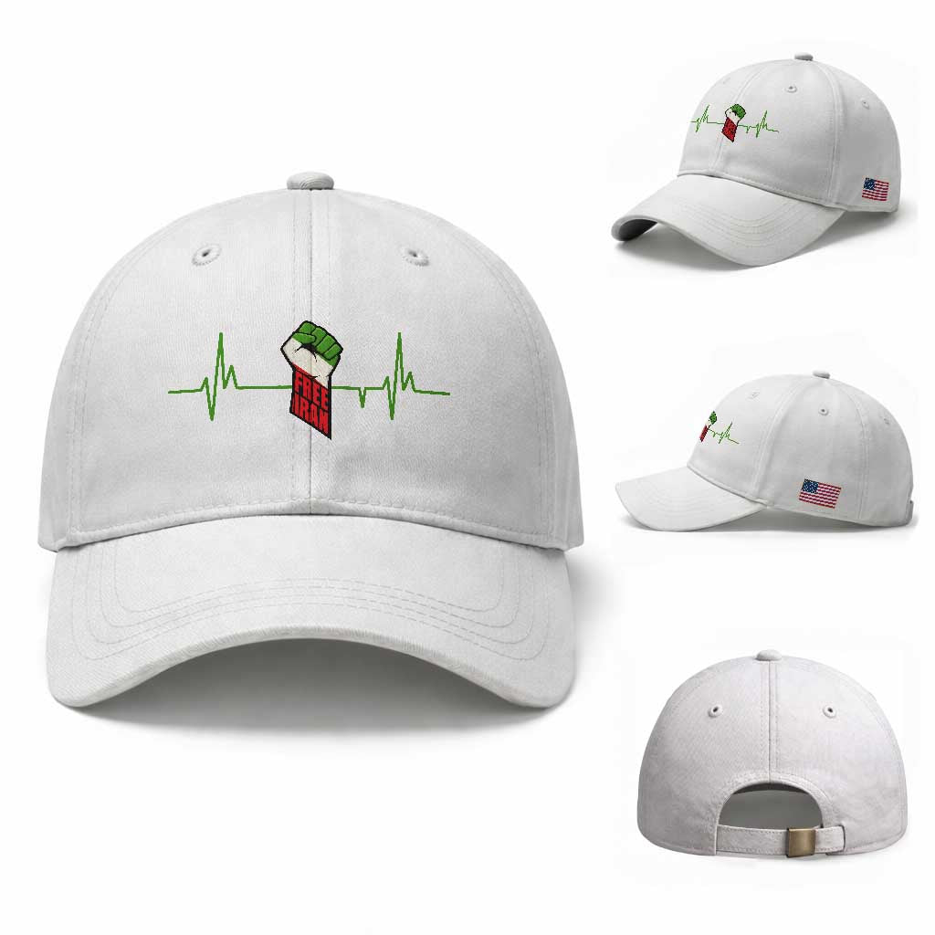 Free Iran Baseball Cap Patriotic Heartbeat Flag Movement Gift TS12 Baseball Cap Universal Fit White Print Your Wear