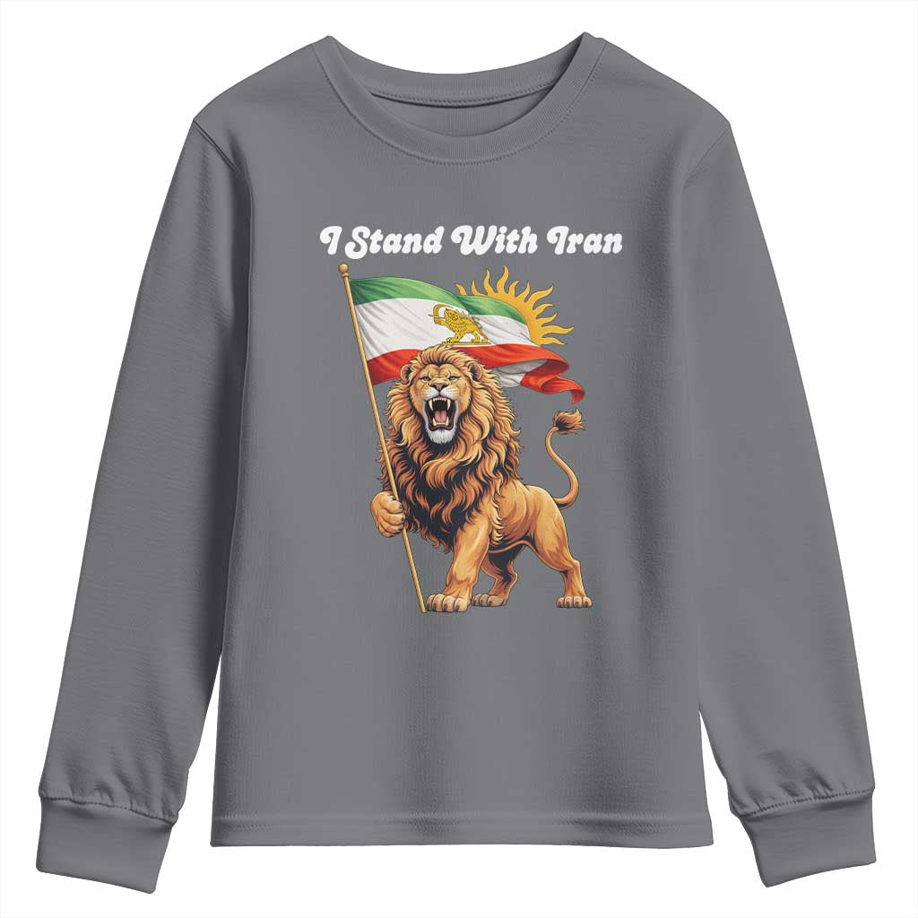 I Stand With Iran Youth Sweatshirt Freedom Lion Patriotic Resistance Gift TS12 Charcoal Print Your Wear