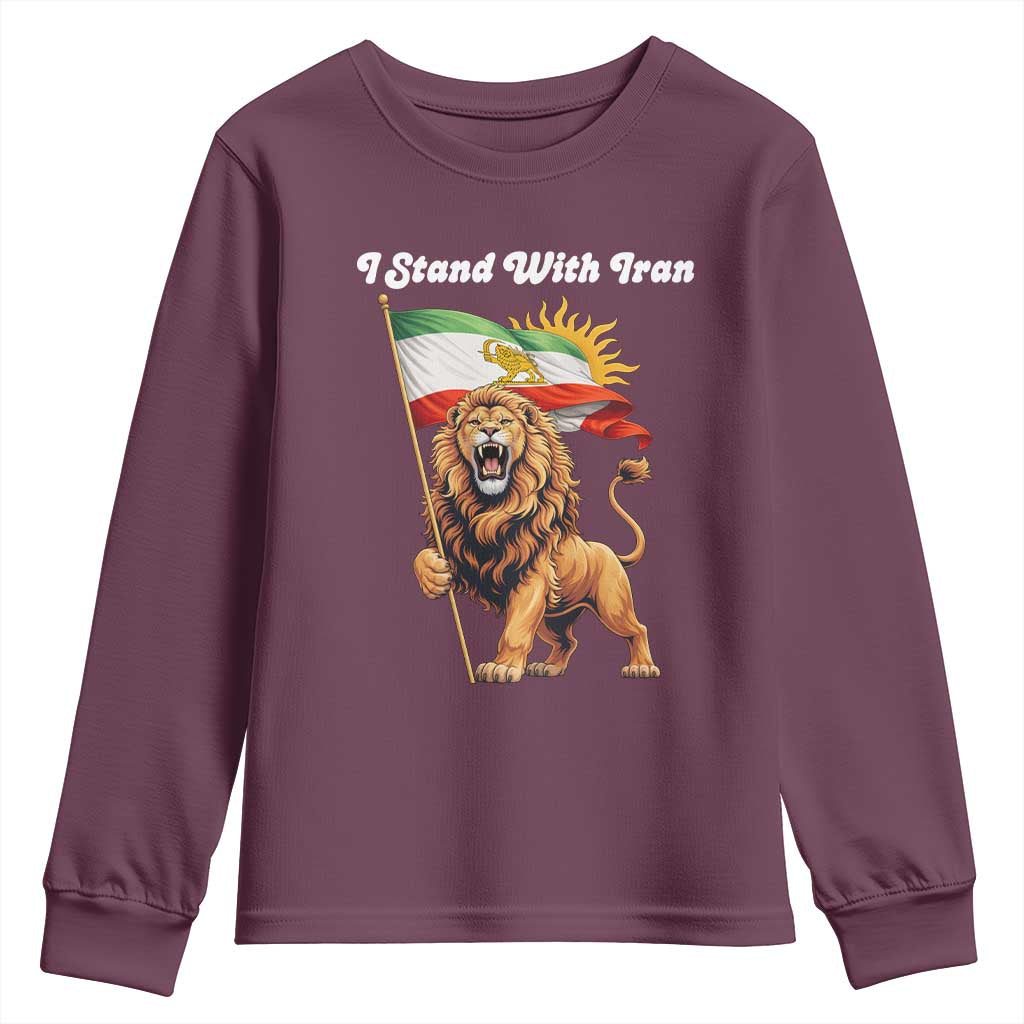 I Stand With Iran Youth Sweatshirt Freedom Lion Patriotic Resistance Gift TS12 Maroon Print Your Wear