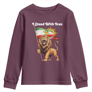 I Stand With Iran Youth Sweatshirt Freedom Lion Patriotic Resistance Gift TS12 Maroon Print Your Wear