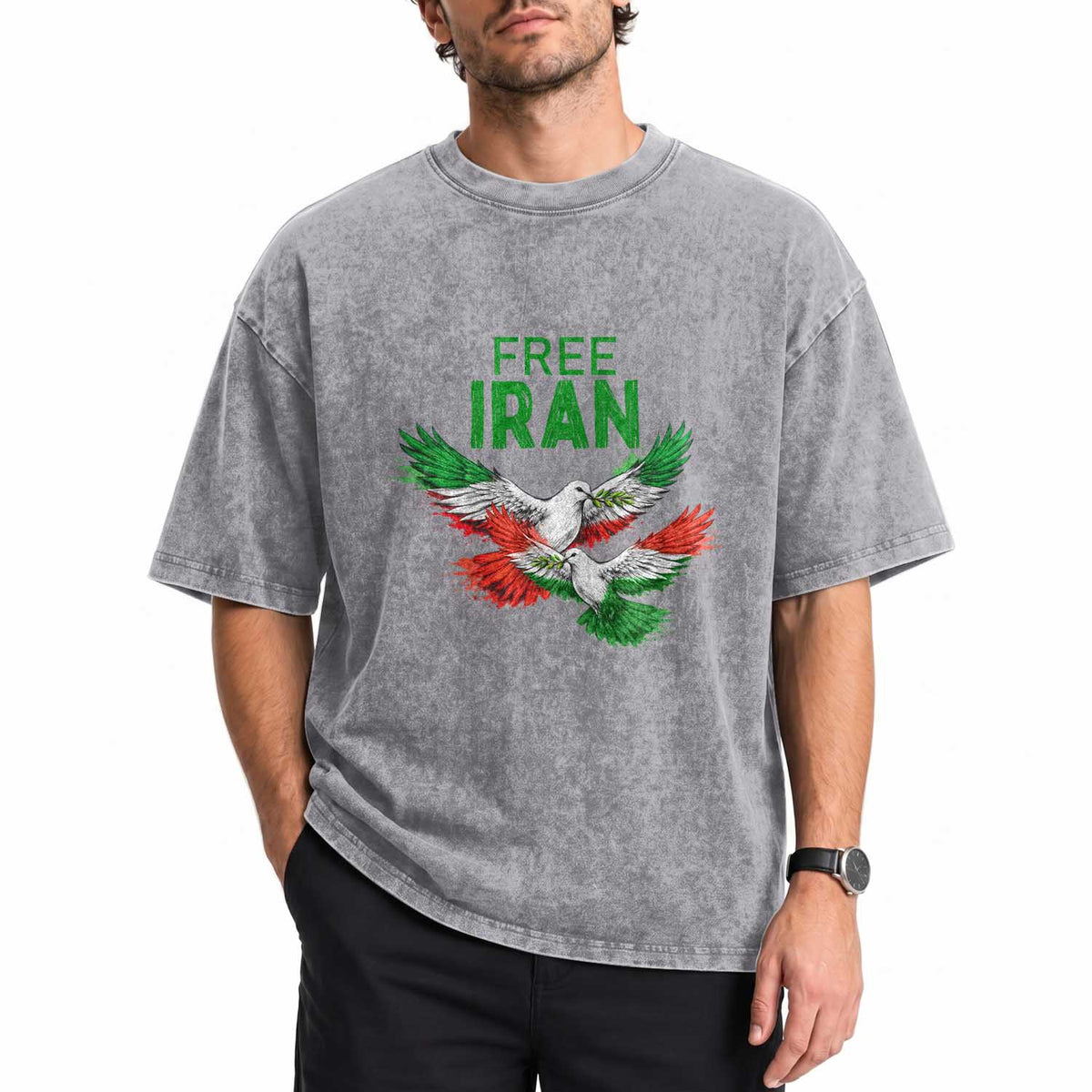 Iranian Flag Peace Doves Washed Cotton T-Shirt Free Iran Freedom Statement Gift