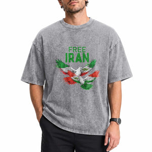 Iranian Flag Peace Doves Washed Cotton T-Shirt Free Iran Freedom Statement Gift