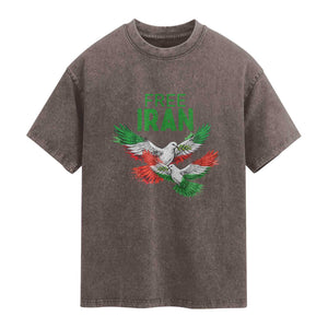 Iranian Flag Peace Doves Washed Cotton T-Shirt Free Iran Freedom Statement Gift