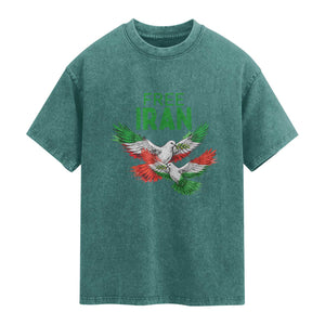 Iranian Flag Peace Doves Washed Cotton T-Shirt Free Iran Freedom Statement Gift
