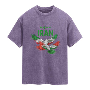 Iranian Flag Peace Doves Washed Cotton T-Shirt Free Iran Freedom Statement Gift