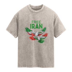 Iranian Flag Peace Doves Washed Cotton T-Shirt Free Iran Freedom Statement Gift