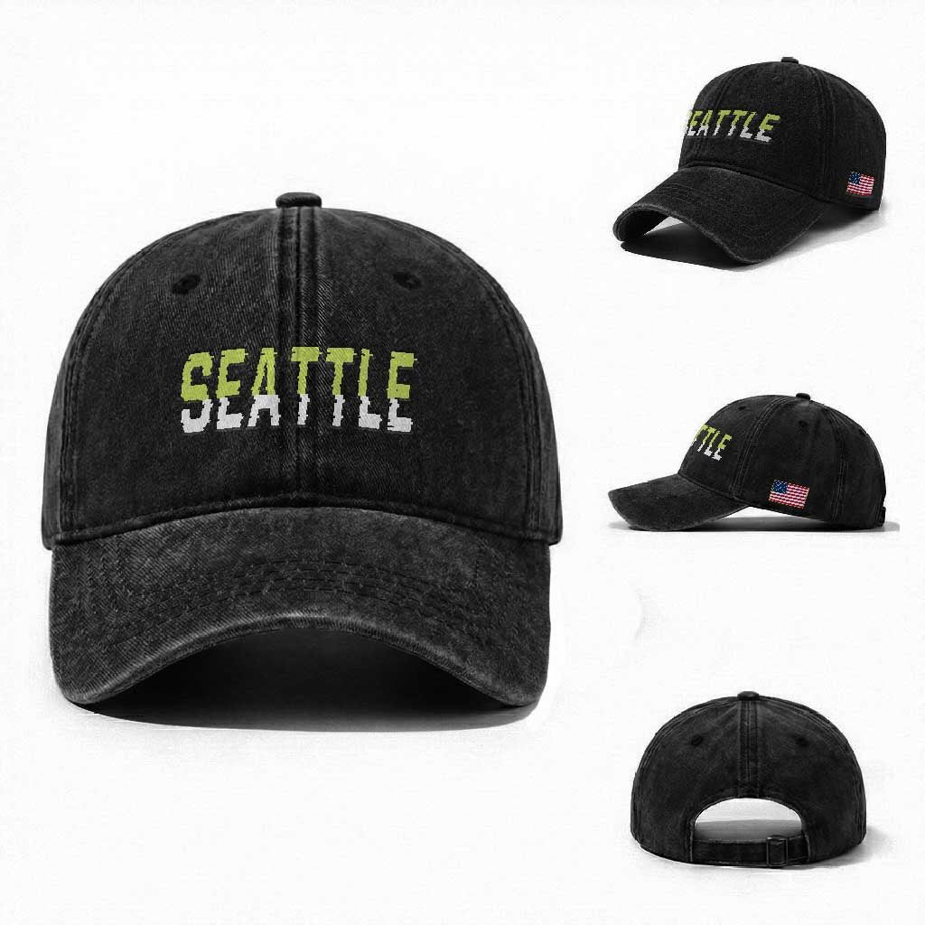 Seattle Retro Glitch Fan Gift Washed Cotton Baseball Cap Proud Northwest 12s Fan TS12 Washed Cap Universal Fit Black Print Your Wear