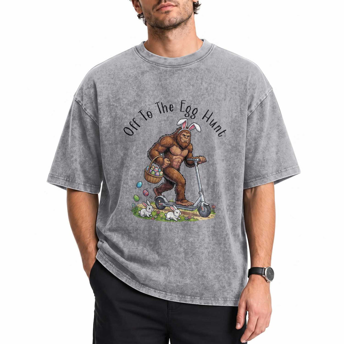 Funny Easter Bigfoot Washed Cotton T-Shirt Off To The Egg Hunt