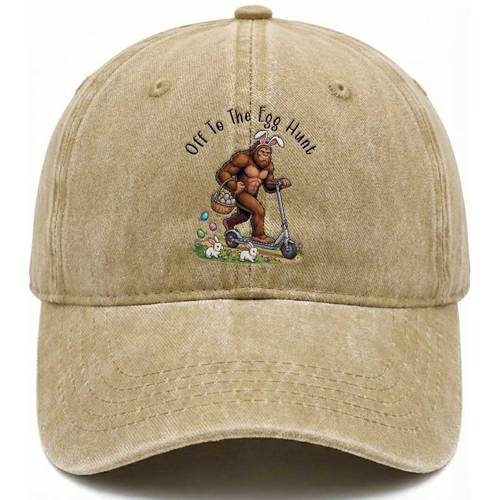 Funny Easter Bigfoot Washed Cotton Baseball Cap Off To The Egg Hunt TS12 Washed Cap Universal Fit Khaki Print Your Wear