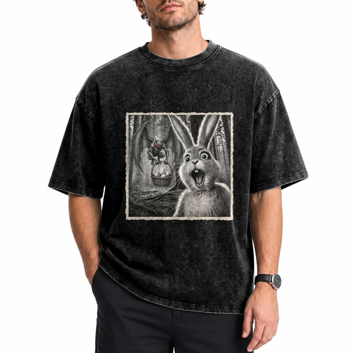 Funny Easter Bunny Selfie Mothman Egg Hunt Washed Cotton T-Shirt