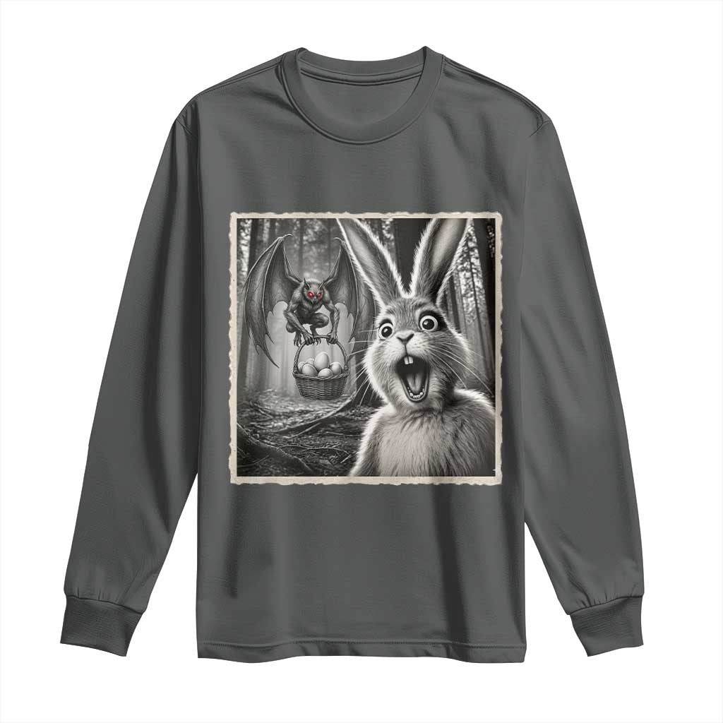 Funny Easter Bunny Selfie Mothman Egg Hunt Long Sleeve Shirt TS12 Dark Heather Print Your Wear