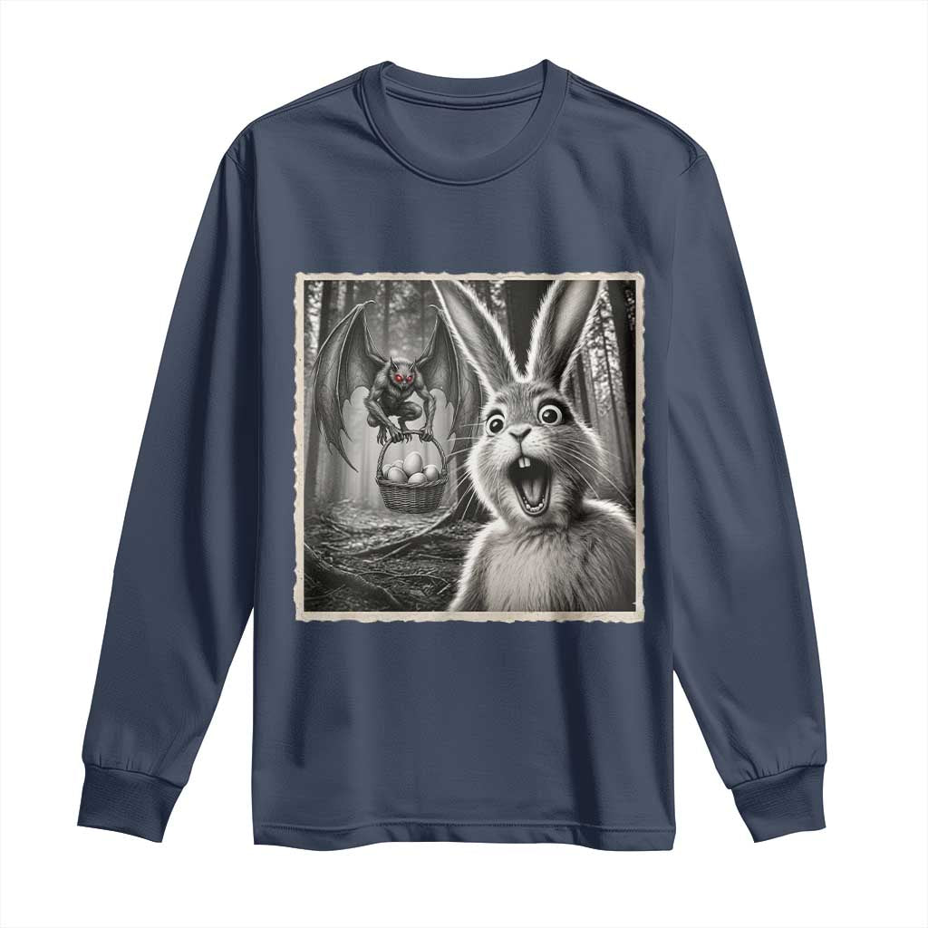 Funny Easter Bunny Selfie Mothman Egg Hunt Long Sleeve Shirt TS12 Navy Print Your Wear