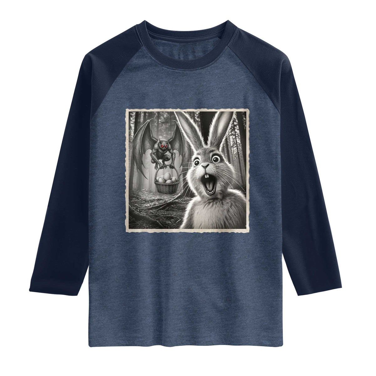 Funny Easter Bunny Selfie Mothman Egg Hunt Raglan Shirt TS12 Heather Denim Navy Print Your Wear